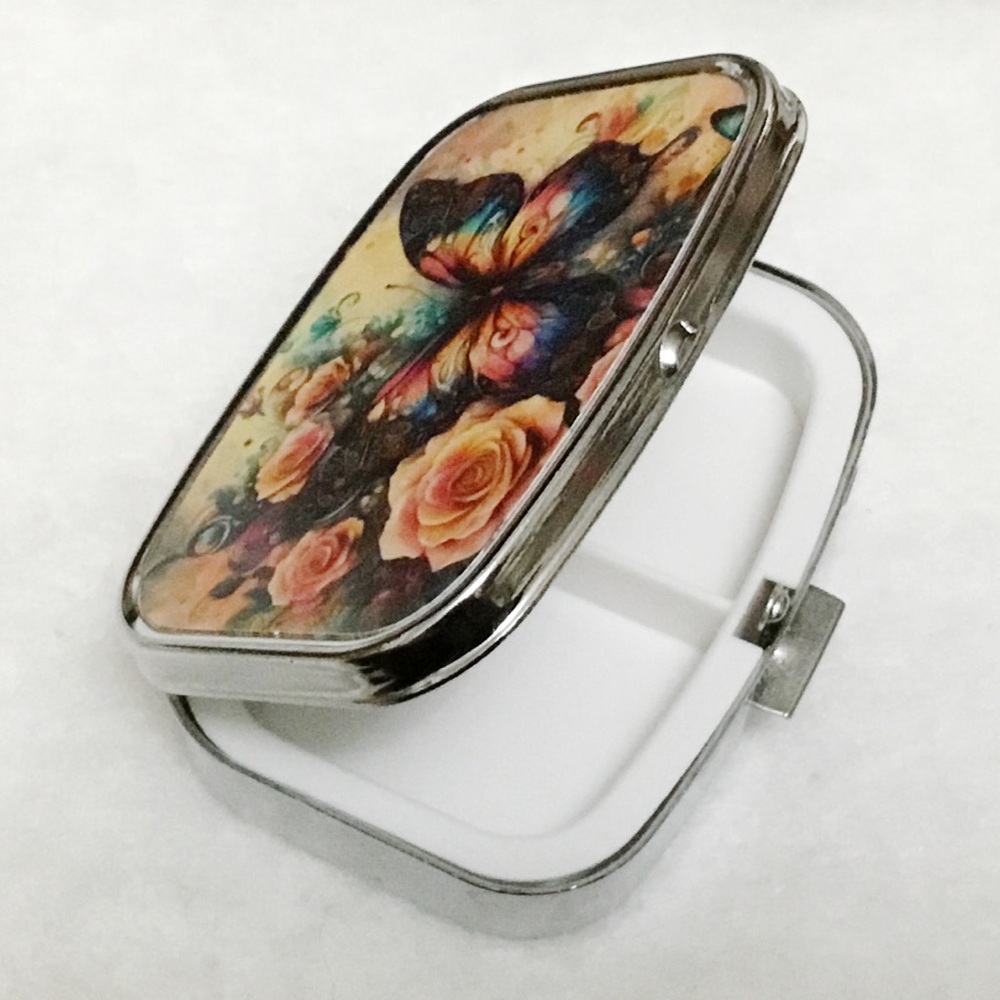 Butterfly Peach Roses Multi-Use Mirrored Pill Box Container - Picture 3 of 7